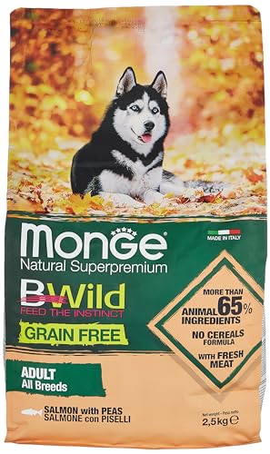 Monge BWILD Adult Salmon and PEAS, Hundefutter für alle Rassen (Trockenfutter für Hunde mit Lachs & Erbsen, Hunde Trockenfutter mit wenig Getreide, Ballaststoff- & Vitaminreich, Inhalt: 2,5 kg) von Monge