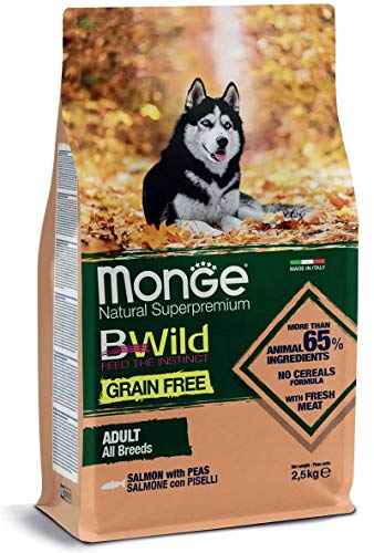 Monge BWILD Adult Salmon and PEAS, Hundefutter für alle Rassen (Trockenfutter für Hunde mit Lachs & Erbsen, Hunde Trockenfutter mit wenig Getreide, sehr Ballaststoff- & Vitaminreich, Inhalt: 12 kg) von Monge