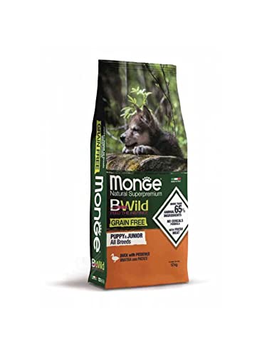 Monge BWILD Puppy Duck and Potatoes, Hundefutter für alle Rassen (Welpenfutter, Trockenfutter für Hunde mit Ente & Kartoffeln, wenig Getreide, sehr Ballaststoff- & Vitaminreich, Inhalt: 12 kg) von Monge