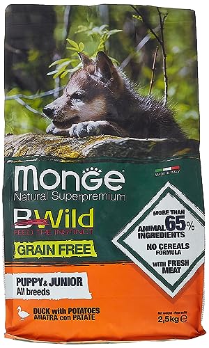 Monge BWILD Puppy Duck and Potatoes, Hundefutter für alle Rassen (Welpenfutter, Trockenfutter für Hunde mit Ente & Kartoffeln, wenig Getreide, sehr Ballaststoff- & Vitaminreich, Inhalt: 2,5 kg) von Monge