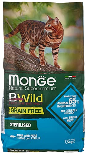 Monge BWild Trockenfutter für Katzen (Katzenfutter trocken getreidefrei, Katzenfutter trocken mit Thunfisch und Erbsen, sehr Ballaststoff- & Vitaminreich, hochwertiges Katzen Trockenfutter, 1,5 kg) von Monge