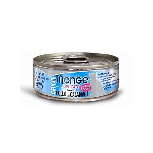 Monge Delicate Adult Pollo Con Calamari, Nassfutter für Erwachsene Katzen (Katzenfutter aus Hähnchen und Tintenfisch, Proteinquelle, ohne Zusatz von Konservierungsstoffen, 80 g) von Monge