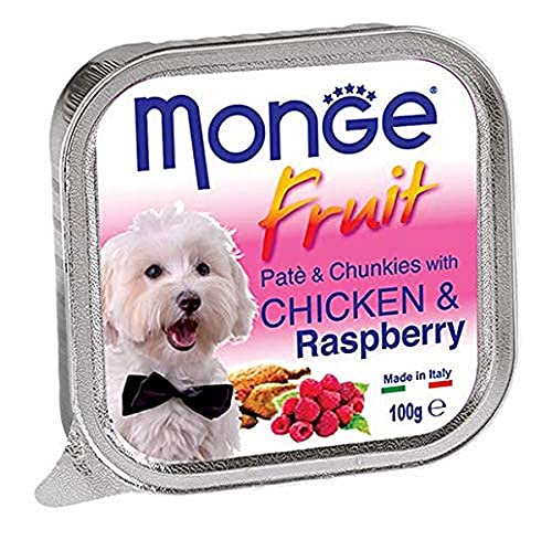 Monge Fruit Adult Chicken and Raspberry, Hundefutter für alle Rassen (Nassfutter für Hunde, Hundefutter mit Huhn und Himbeere, Vitaminreich, ohne Farb- und Konservierungsstoffe, 100 g) von Monge