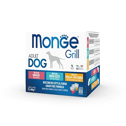 Monge Grill Adult Rich IN Beef, Rich IN Codfish, Nassfutter für Hunde (Hundefutter aus Rind und Kabeljau, schmackhafte Rezeptur, ohne Farbstoffe, getreidefrei, 12 x 100 g) von Monge