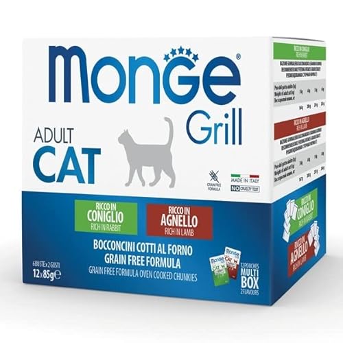 Monge Grill Multipack Adult Rabbit and Lamb, Nassfutter für Erwachsene Katzen (hochwertiges Katzenfutter Multipack aus Kaninchen und Lamm, hochwertige Rezeptur, getreidefrei, 12 x 85 g) von Monge