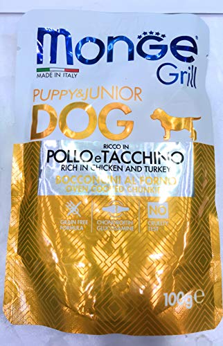 Monge Grill Puppy & Junior, Hundefutter mit Pute und Huhn (hochwertiges Hundefeuchtfutter, getreidefreies Hundefutter, sehr Ballaststoff- & Vitaminreich, getreidefreies Nassfutter, 100 g) von Monge
