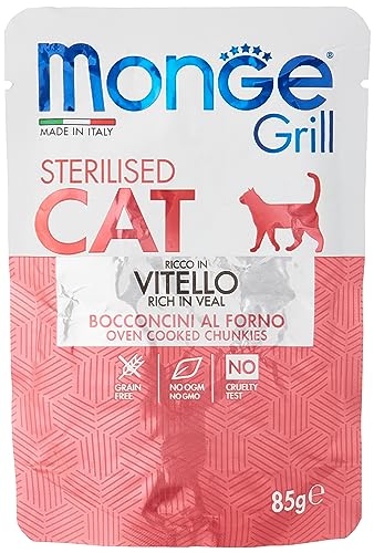 Monge Grill STERILISED Veal, Nassfutter für sterilisierte Katzen (hochwertiges Katzenfutter aus Kalb, hoher Proteingehalt, hochwertige Rezeptur, schmackhaftes Futter, getreidefrei, 85 g) von Monge