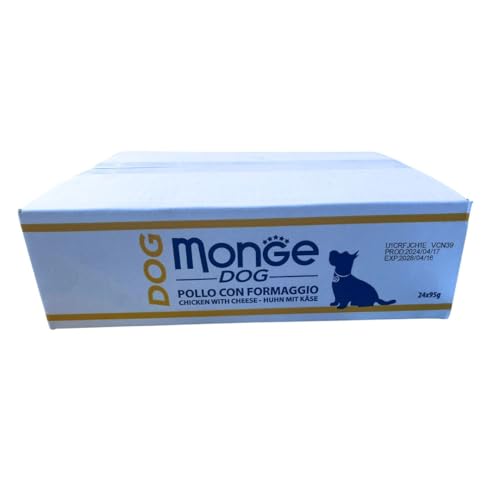 Monge Hundefutter für ausgewachsene Hunde, Hühnchenstücke mit Käse - 24 x 95 g von Monge