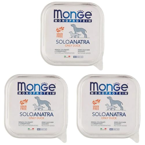 Monge Monoproteico, Nassfutter für Hunde (Hundefutter aus Ente, hohe Qualität, ohne Zuckerzusatz, Farbstoffe oder Konservierungsstoffe, sehr Ballaststoff- & Vitaminreich, 150 g) (Packung mit 3) von Monge