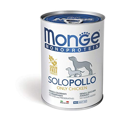 Monge Monoprotein Chicken, Nassfutter für Hunde (Hundefutter aus Huhn, hochwertige Qualität, Dosenfutter ohne Zuckerzusatz, ohne Zusatz von Farb- und Konservierungsstoffen, getreidefrei, 400 g) von Monge