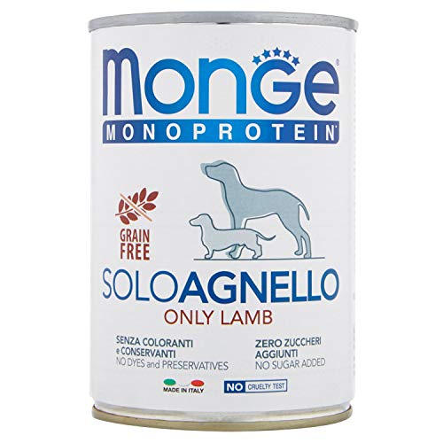 Monge Monoprotein Lamb, Nassfutter für Hunde (Hundefutter aus Lamm, hochwertige Qualität, schmackhaftes Dosenfutter, ohne Zusatz von Farb- und Konservierungsstoffen, getreidefrei, 400 g) von Monge