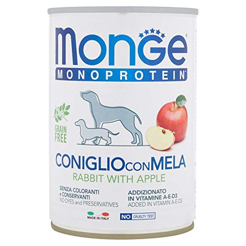 Monge Monoprotein Rabbit with Apple, Nassfutter für Hunde (Hundefutter aus Kaninchen und Apfel, hochwertige Qualität, Dosenfutter, ohne Zusatz von Konservierungsstoffen, getreidefrei, 400 g) von Monge