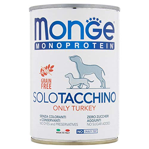 Monge Monoprotein Turkey, Nassfutter für Hunde (Hundefutter aus Pute, hochwertige Qualität, Dosenfutter ohne Zuckerzusatz, ohne Zusatz von Farb- und Konservierungsstoffen, getreidefrei, 400 g) von Monge