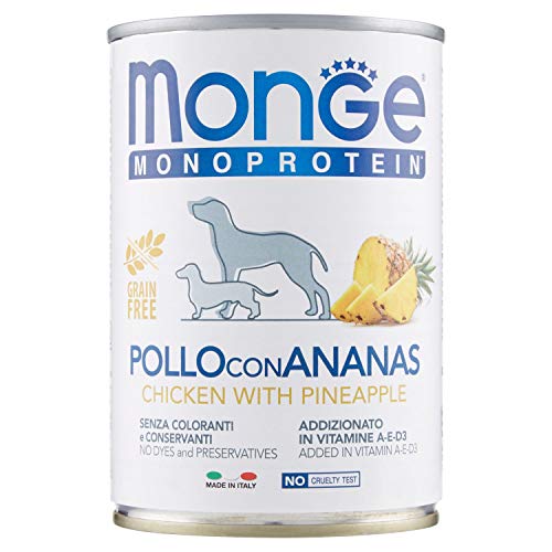 Monge Monotrotein Chicken with Pineapple, Nassfutter für Hunde (Hundefutter aus Huhn und Ananas, hochwertige Qualität, ohne Zusatz von Farbstoffen, geringer Zuckergehalt, getreidefrei, 400 g) von Monge