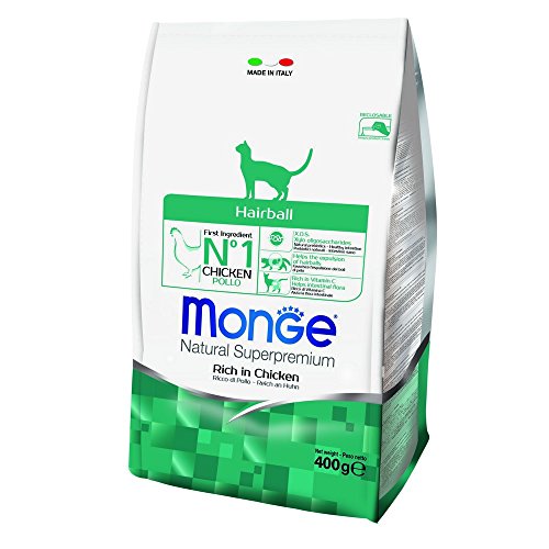 Monge Narural Superpremium Hairball Chicken, Trockenfutter für Katzen (Katzenfutter aus Huhn, mit XOS (Xylo-Oligosaccharide), Omega-3-Quelle, schmackhafte Rezeptur, vermeidet Haarbälle, 400 g) von Monge