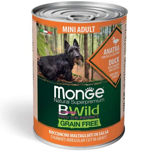 Monge Nassfutter für Hunde Bwild Grain Free Mini Adult Ente Kürbis Zucchine 400 x 24 Stück von Monge