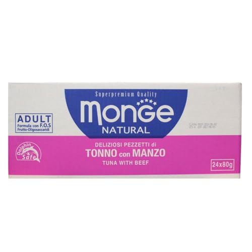 Monge Natürliche feuchte Katzen-Beutel für Erwachsene Thunfisch mit Rindfleisch - 24 x 80 g von Monge