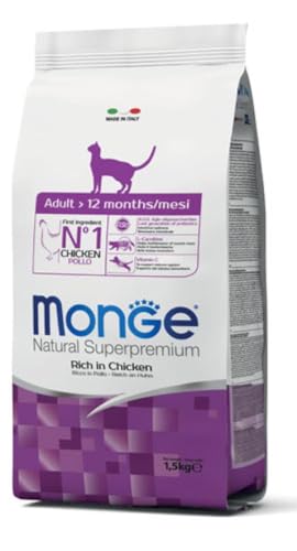 Monge Natural Superpremium Adult Chicken, Trockenfutter für Erwachsene Katzen (Futter aus Huhn, mit Omega-3-Fettsäuren und Vitamin C, hochwertige Rezeptur, ohne Zusatz von Farbstoffen, 1,5 kg) von Monge