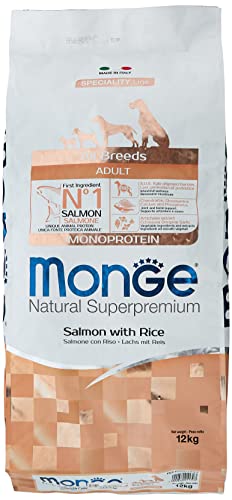 Monge Natural Superpremium Adult Salmon and Rice, Hundefutter für alle Rassen (Trockenfutter für Hunde mit Lachs & Reis, sehr Ballaststoff- & Vitaminreich, 12 kg) von Monge