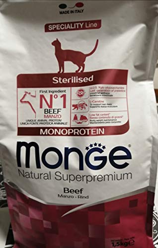 Monge Natural Superpremium Monoprotein* STERILISED Beef, Nassfutter für Katzen (Nassfutter aus Rind, reich an Ballaststoffen, ohne Farb- und Konservierungsstoffe, Katzenfutter, 1,5 kg) von Monge