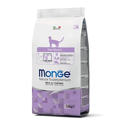 Monge Natural Superpremium Monoprotein* STERILISED Chicken, Trockenfutter für sterilisierte Katzen (Futter aus Huhn, niedriger Fettgehalt, hochwertige Rezeptur, ohne Zusatz von Farbstoffen, 1,5 kg) von Monge