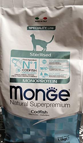 Monge Natural Superpremium Monoprotein* STERILISED Codfish, Nassfutter für Katzen (Nassfutter aus Dorsch, reich an Ballaststoffen, ohne Farb- und Konservierungsstoffe, Katzenfutter, 1,5 kg) von Monge