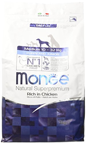 Monge Natural Superpremium PUPPY AND JUNIOR RICH IN CHICKEN, Hundefutter für alle Rassen (Trockenfutter für Hunde zwischen 10 - 32 kg, mit Huhn, sehr Ballaststoff- & Vitaminreich, 12 kg) von Monge