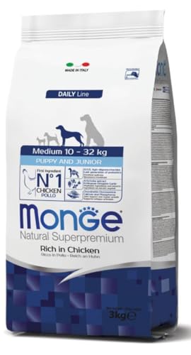 Monge Natural Superpremium PUPPY AND JUNIOR RICH IN CHICKEN, Hundefutter für alle Rassen (Trockenfutter für Hunde zwischen 10 - 32 kg, mit Huhn, sehr Ballaststoff- & Vitaminreich, 12 kg) von Monge