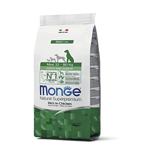 Monge Natural Superpremium PUPPY AND JUNIOR RICH IN CHICKEN, Hundefutter für alle Rassen (Trockenfutter für Hunde zwischen 32 - 80 kg, mit Huhn, sehr Ballaststoff- & Vitaminreich, 3 kg) von Monge