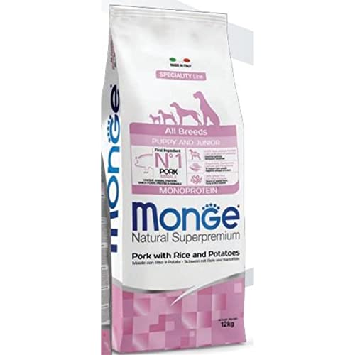 Monge Natural Superpremium Puppy and JUNIOR Pork, Rice and Potatoes, Hundefutter für alle Rassen (Trockenfutter für Hunde mit Schwein, Reis & Kartoffeln, sehr Ballaststoff- & Vitaminreich, 12 kg) von Monge