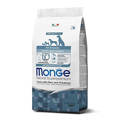 Monge Natural Superpremium Puppy and JUNIOR Trout, Rice and Potatoes, Hundefutter für alle Rassen (Trockenfutter für Hunde mit Forelle, Reis & Kartoffeln, sehr Ballaststoff- & Vitaminreich, 12 kg) von Monge