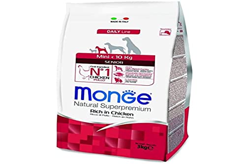 Monge Natural Superpremium SENIOR RICH IN CHICKEN, Hundefutter für alle Rassen (Trockenfutter für Hunde unter 10 kg, mit Huhn, sehr Ballaststoff- & Vitaminreich, 3 kg) von Monge