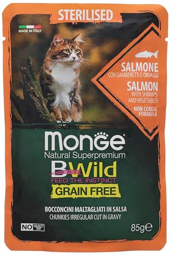 Monge Natural Superpremium STERILISED Salmon with Shrimps and Vegetables, Katzenfutter für sterilisierte Katzen (Nassfutter für Katzen mit Lachs, Garnelen und Gemüse, getreidefrei, 85 g) von Monge