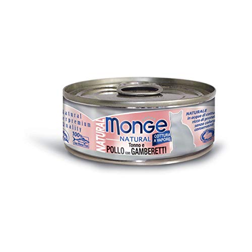 Monge Natural Tuna and Chicken with Shrimps, Nassfutter für Erwachsene Katzen (Nassfutter aus Thunfisch, Huhn und Garnelen, hohe Verdaulichkeit, ohne Konservierungsstoffe, Katzenfutter, 80 g) von Monge