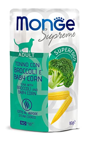 Monge Supreme Adult Tuna with Broccoli and Baby Corn, Nassfutter für Katzen (Katzenfutter aus Thunfisch mit Brokkoli und Babymais, sehr Ballaststoff- & Vitaminreich, 80 g) von Monge