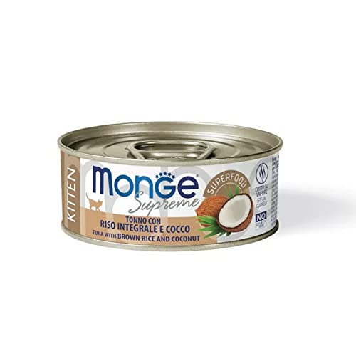 Monge Supreme Kitten Tuna with Brown Rice and Coconut, Nassfutter für Katzen (Katzenfutter aus Thunfisch mit braunem Reis und Kokosnuss, sehr Ballaststoff- & Vitaminreich, 80 g) von Monge