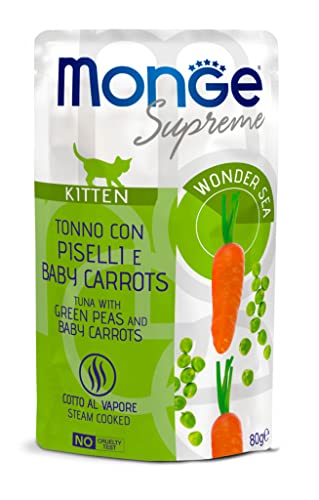 Monge Supreme Kitten Tuna with PEAS and Baby Carrots, Nassfutter für Katzen (Katzenfutter aus Thunfisch mit Erbsen und Babykarotten, getreidefreies Nassfutter, gut verdaulich, 80 g) von Monge