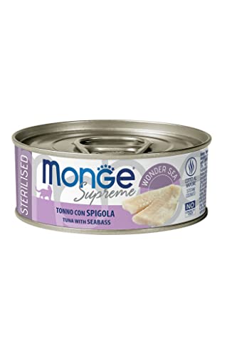 Monge Supreme STERILISED Tuna with Seabass, Nassfutter für Katzen (Katzenfutter aus Thunfisch mit Wolfsbarsch, sehr Ballaststoff- & Vitaminreich, 80 g) von Monge