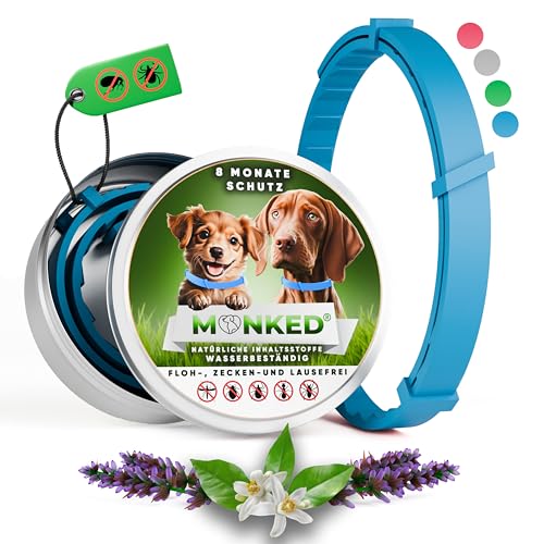 Monked | Natürliches Flohhalsband Hunde ohne Chemie | Zeckenhalsband für Hunde klein & groß | Größenverstellbar | bis 8 Monate Schutz | Zeckenschutz Hund | Anti Floh Hund | Anti Floh Hund [Blau] von Monked