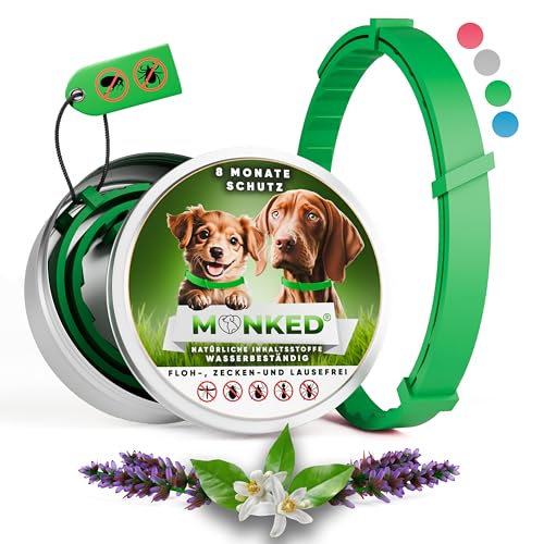 Monked | Natürliches Flohhalsband Hunde ohne Chemie | Zeckenhalsband Hunde klein & groß | Größenverstellbar | 8 Monate Schutz | Zeckenschutz Hund | Anti Floh Hund | Anti Floh Hund [Grün] von Monked