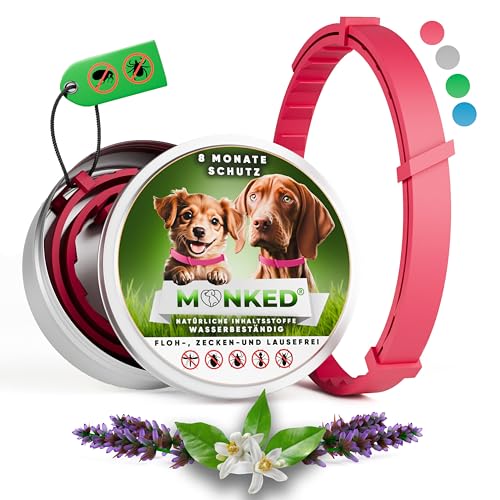 Monked | Natürliches Flohhalsband Hunde ohne Chemie | Zeckenhalsband für Hunde klein & groß | Größenverstellbar | bis 8 Monate Schutz | Zeckenschutz Hund | Anti Floh Hund | Anti Floh Hund [Pink] von Monked