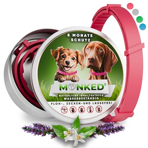 Monked | Natürliches Flohhalsband Hunde ohne Chemie | Zeckenhalsband Hunde klein & groß | Größenverstellbar | 8 Monate Schutz | Zeckenschutz Hund | Anti Floh Hund | Anti Floh Hund [Pink] von Monked