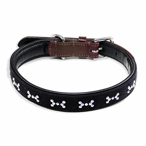 Monkimau Halsband Hund echt Leder Hunde Halsbänder braun schwarz mit Knochen Swarovski Kristallen Lederhalsband verstellbar Dog Collar Hundehalsband (M-S: 20mm x 50cm) von Monkimau