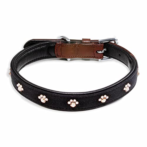 Monkimau Halsband Hund echt Leder Hunde Halsbänder braun schwarz mit Pfoten Swarovski Kristallen Lederhalsband verstellbar Dog Collar Hundehalsband (M: 20mm x 55cm) von Monkimau