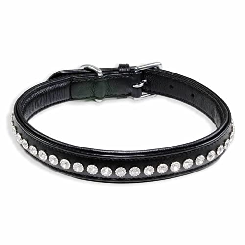 Monkimau Halsband Hund echt Leder Hunde Halsbänder schwarz gepolstert mit Kristallen Lederhalsband verstellbar Dog Collar Hundehalsband (M-S: 20mm x 50cm) von Monkimau