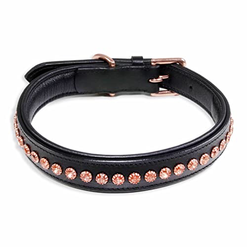 Monkimau Halsband Hund echt Leder Hunde Halsbänder schwarz mit Rosegold Kristallen Lederhalsband verstellbar Dog Collar Hundehalsband (L-M: 25mm x 60cm) von Monkimau