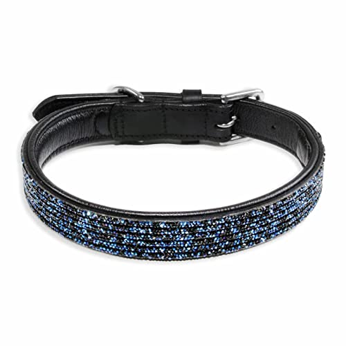 Monkimau Halsband Hund echt Leder Hunde Halsbänder schwarz mit blauen Pailletten Lederhalsband verstellbar Dog Collar Hundehalsband (XS-S: 20mm x 40cm) von Monkimau