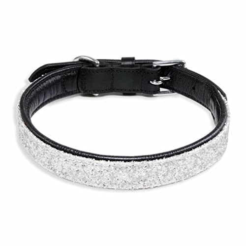 Monkimau Halsband Hund echt Leder Hunde Halsbänder schwarz mit weißen Pailletten Lederhalsband verstellbar Dog Collar Hundehalsband (M-S: 20mm x 50cm) von Monkimau