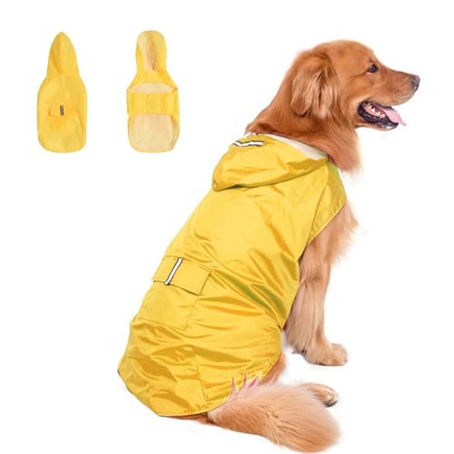 Hunde-Regenmantel, wasserdichter Hundemantel mit Kapuze, reflektierender Streifen, Regenjacke, verstellbare Regenmantel, Klettverschlüsse und Aufbewahrungstasche für große Hunde von VWPEYY