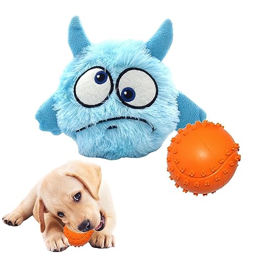 Monozoz Hundespielzeug, quietschender Ball, Gummi, 2-in-1, Kauspielzeug, Klangball für Welpen, kleine, mittelgroße Hunde, Plüsch-Hundespielzeug, Zahnspielzeug, bewegliches Hundespielzeug von Monozoz